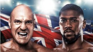 Tyson Fury and Anthony Joshua side by side in front of a Union Jack flag