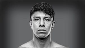 Black-and-white portrait of WBA super middleweight champion Jaime Munguia