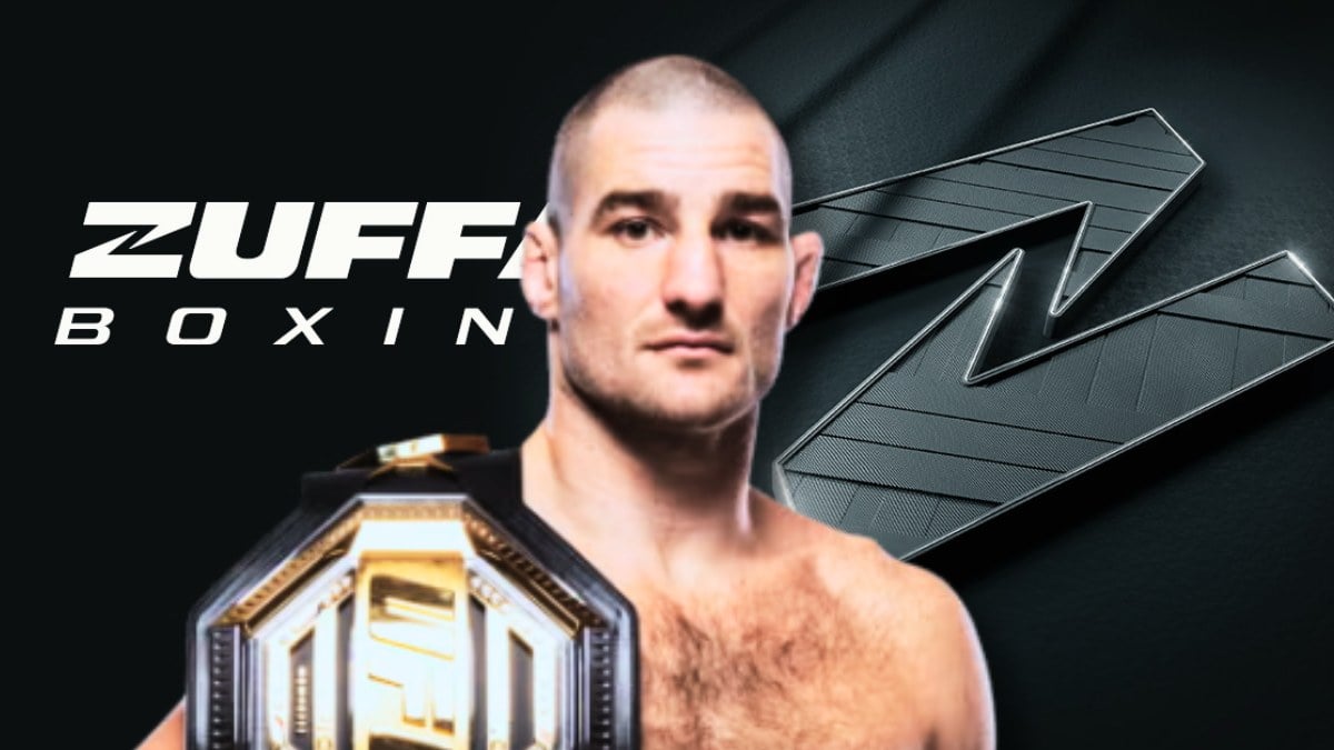 Sean Strickland with the UFC middleweight title in front of the Zuffa Boxing logo