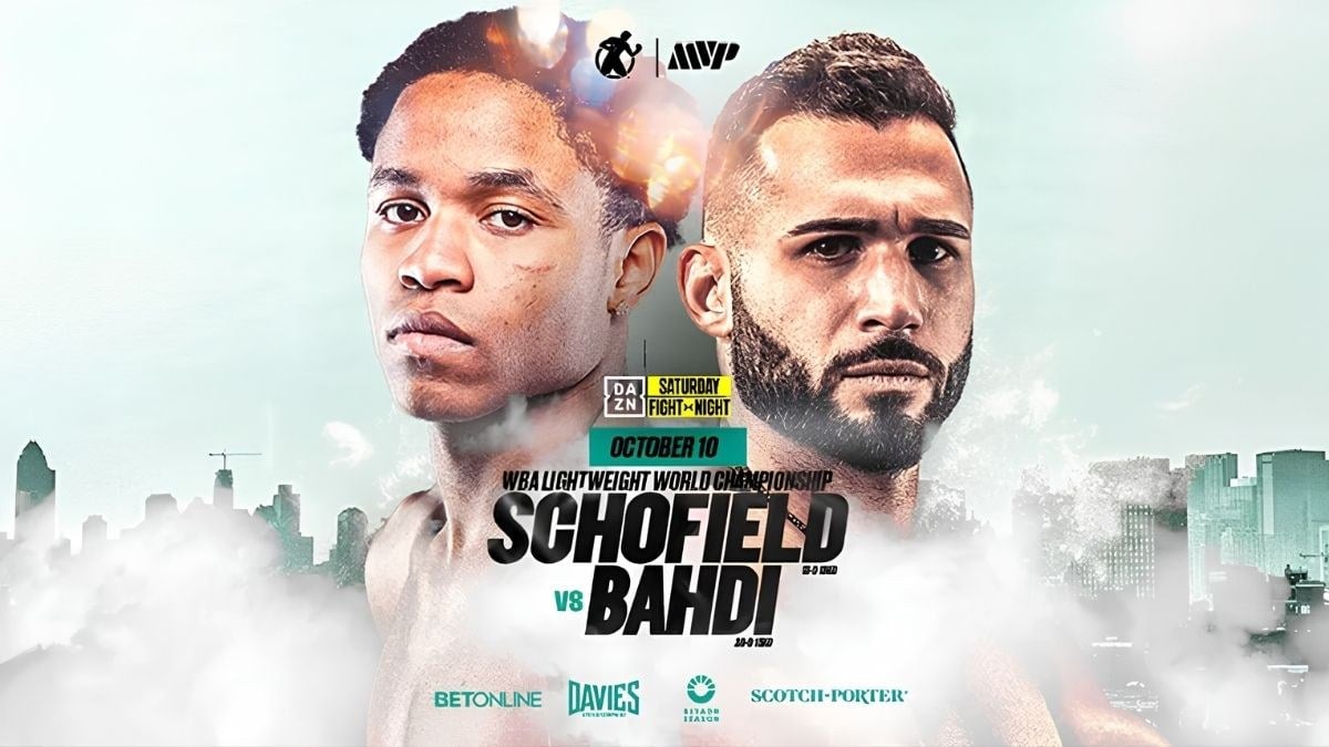 Floyd Schofield and Lucas Bahdi on the DAZN poster for their October 10 WBA lightweight title fight